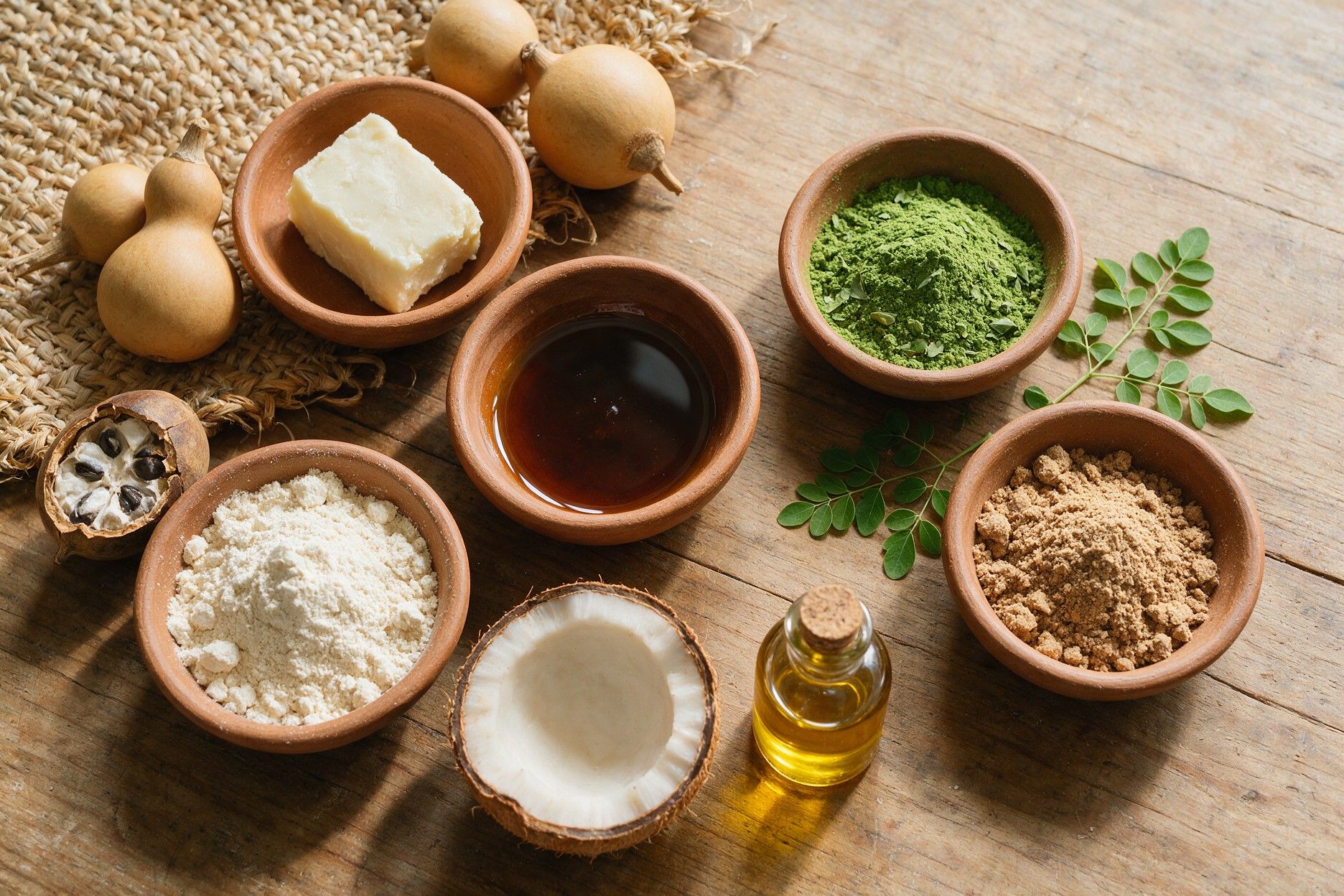 Karité, karkar, poudre de baobab, moringa et chébé dans des calebasses sur une table en bois