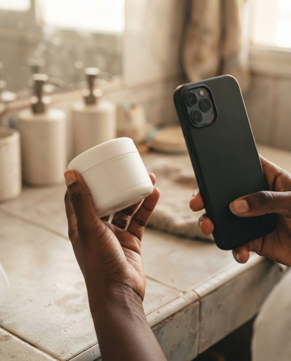 Une main tient un pot de crème pendant qu'un téléphone scanne son étiquette