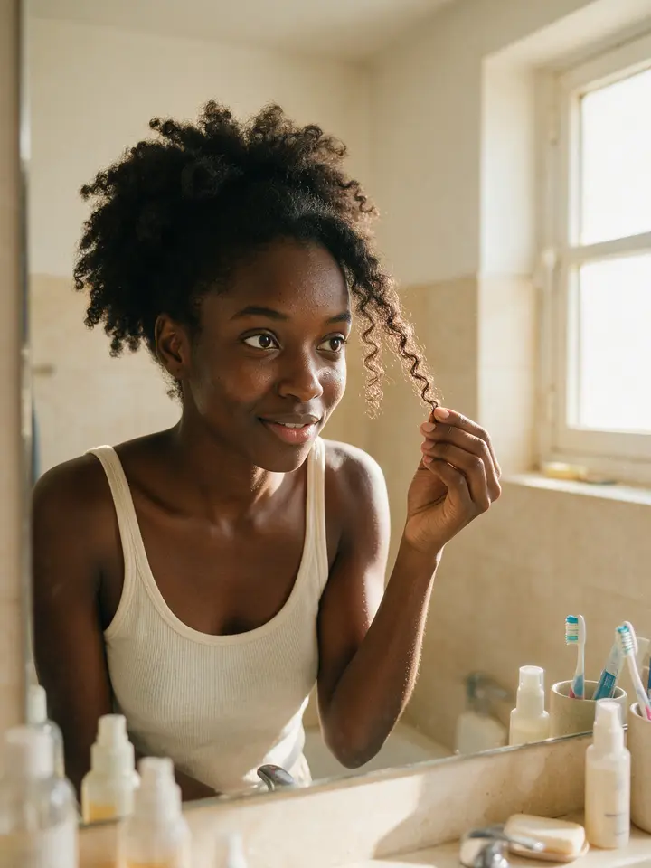 Une femme aux cheveux crépus étire une mèche devant le miroir de sa salle de bain pour regarder sa longueur